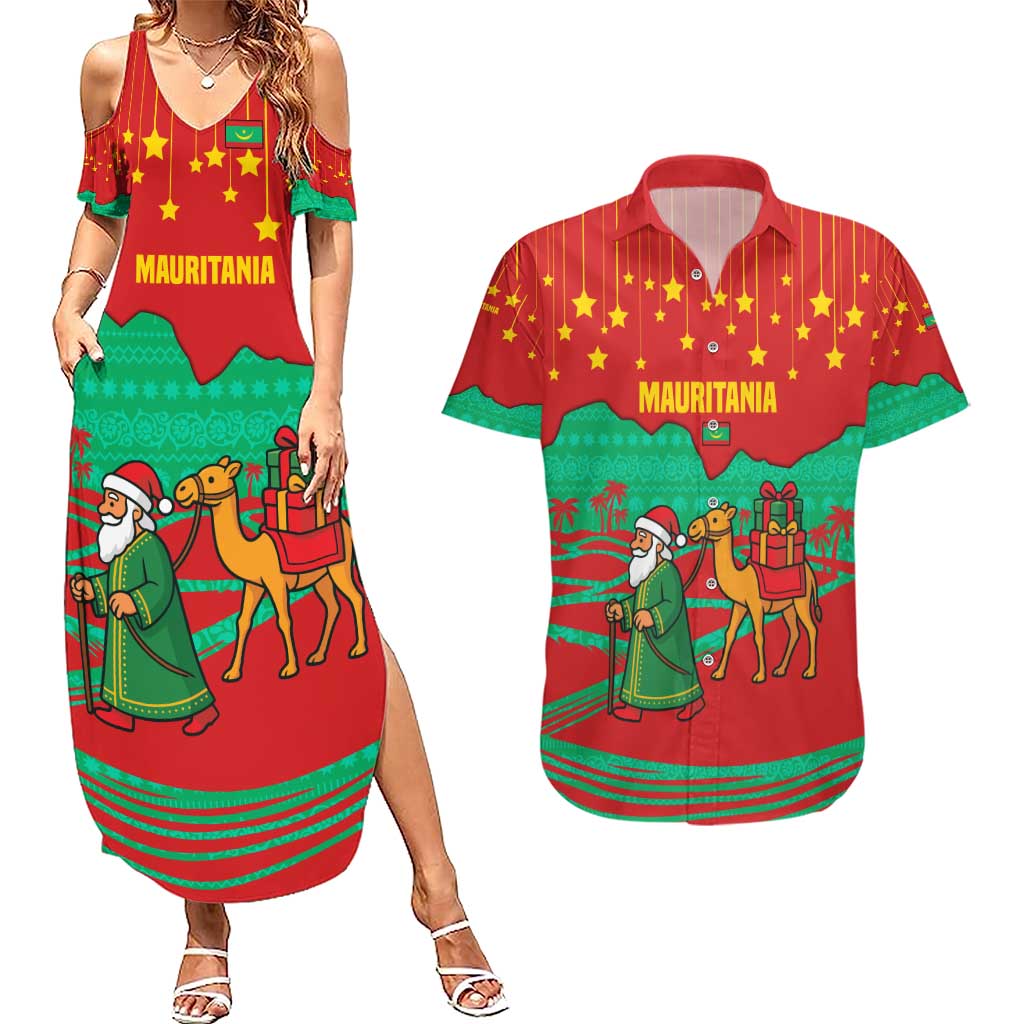 Mauritania Christmas Couples Matching Summer Maxi Dress and Hawaiian Shirt with Santa Claus Camel Gift Boxes Starry Sky and Desert Pattern Design - Wonder Print Shop