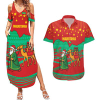 Mauritania Christmas Couples Matching Summer Maxi Dress and Hawaiian Shirt with Santa Claus Camel Gift Boxes Starry Sky and Desert Pattern Design - Wonder Print Shop