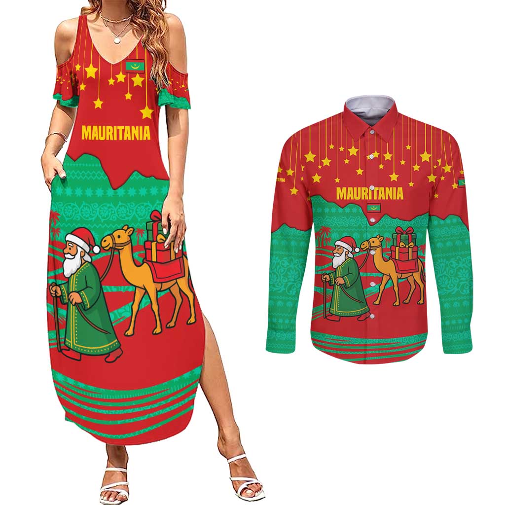 Mauritania Christmas Couples Matching Summer Maxi Dress and Long Sleeve Button Shirt with Santa Claus Camel Gift Boxes Starry Sky and Desert Pattern Design - Wonder Print Shop