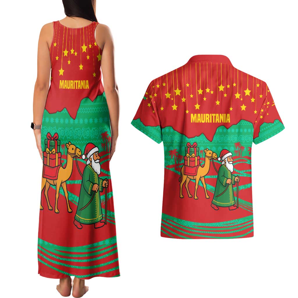 Mauritania Christmas Couples Matching Tank Maxi Dress and Hawaiian Shirt with Santa Claus Camel Gift Boxes Starry Sky and Desert Pattern Design - Wonder Print Shop
