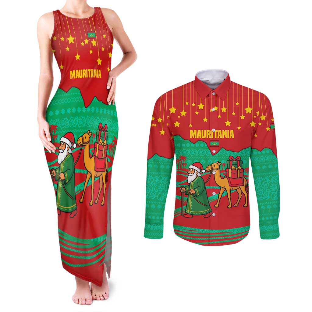 Mauritania Christmas Couples Matching Tank Maxi Dress and Long Sleeve Button Shirt with Santa Claus Camel Gift Boxes Starry Sky and Desert Pattern Design - Wonder Print Shop