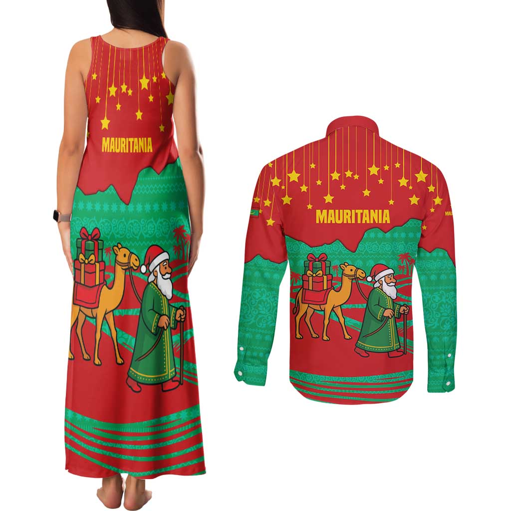 Mauritania Christmas Couples Matching Tank Maxi Dress and Long Sleeve Button Shirt with Santa Claus Camel Gift Boxes Starry Sky and Desert Pattern Design - Wonder Print Shop