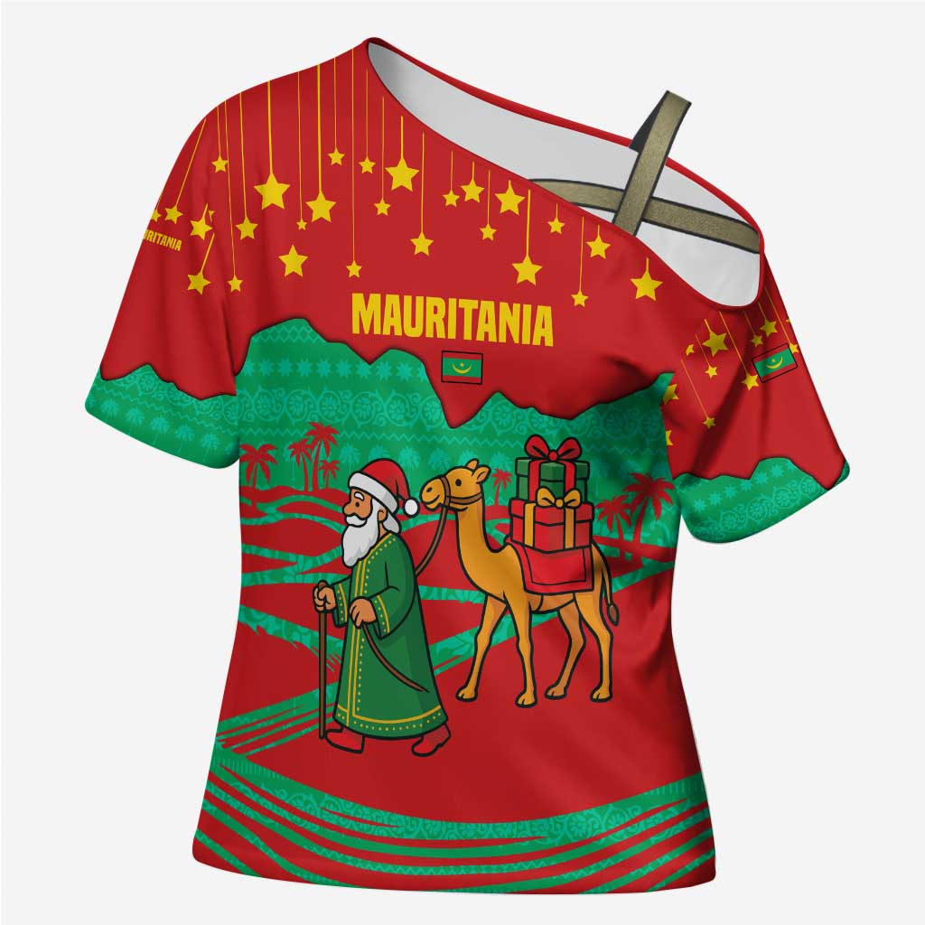 Mauritania Christmas Cross Shoulder Shirt with Santa Claus Camel Gift Boxes Starry Sky and Desert Pattern Design - Wonder Print Shop