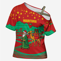 Mauritania Christmas Cross Shoulder Shirt with Santa Claus Camel Gift Boxes Starry Sky and Desert Pattern Design - Wonder Print Shop