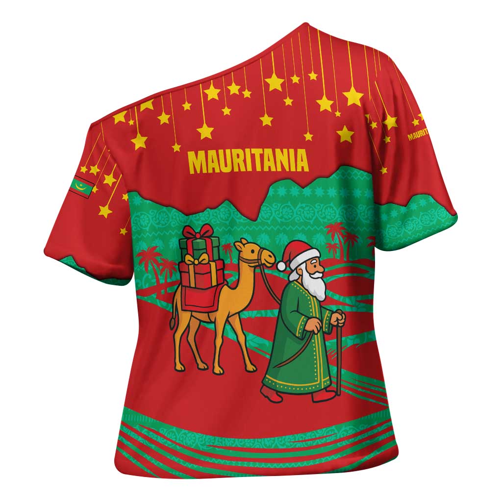 Mauritania Christmas Cross Shoulder Shirt with Santa Claus Camel Gift Boxes Starry Sky and Desert Pattern Design - Wonder Print Shop