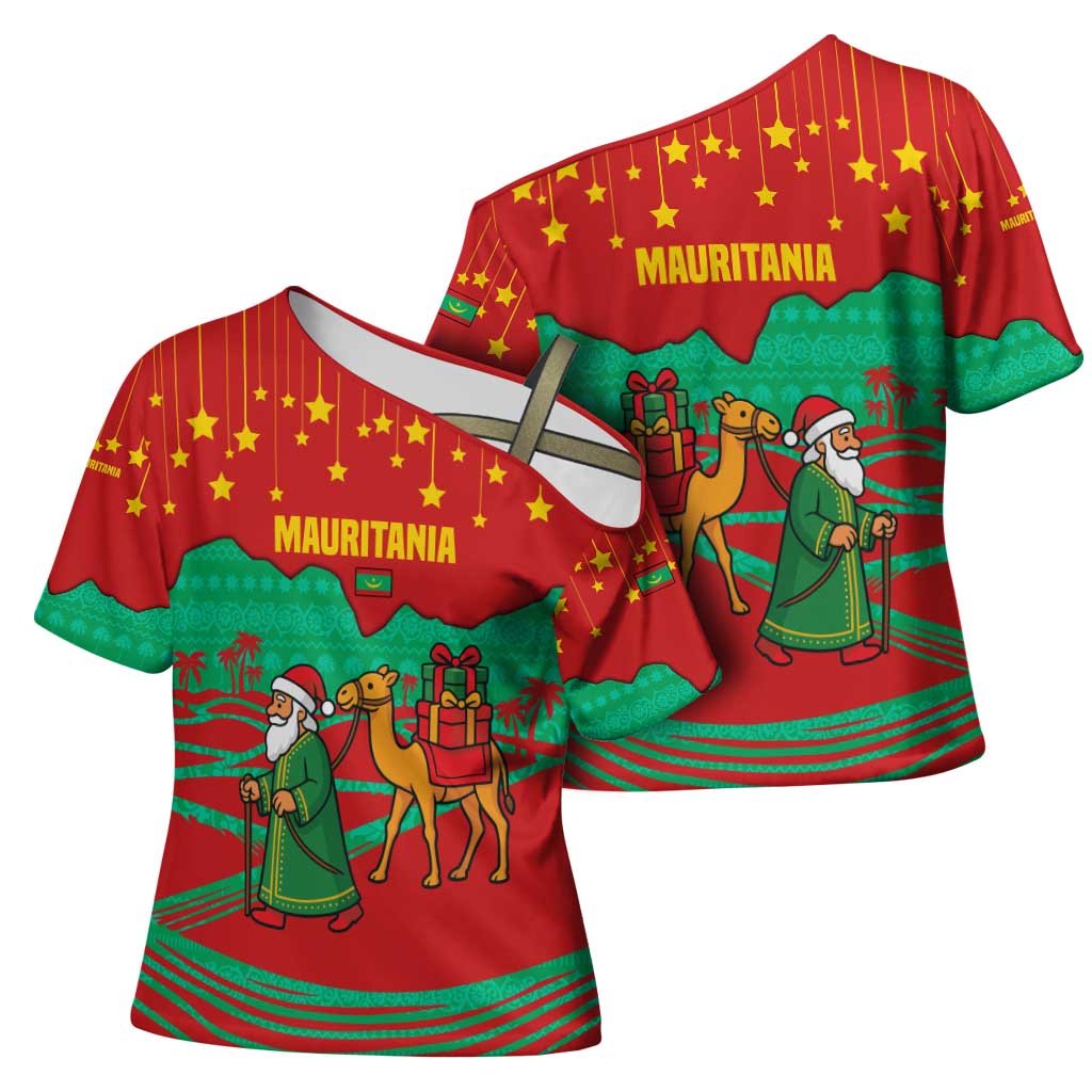 Mauritania Christmas Cross Shoulder Shirt with Santa Claus Camel Gift Boxes Starry Sky and Desert Pattern Design - Wonder Print Shop