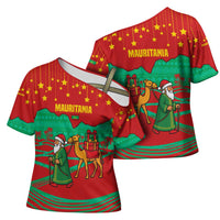 Mauritania Christmas Cross Shoulder Shirt with Santa Claus Camel Gift Boxes Starry Sky and Desert Pattern Design - Wonder Print Shop