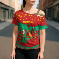 Mauritania Christmas Cross Shoulder Shirt with Santa Claus Camel Gift Boxes Starry Sky and Desert Pattern Design - Wonder Print Shop
