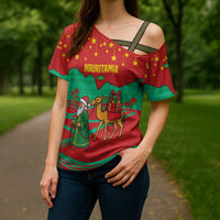 Mauritania Christmas Cross Shoulder Shirt with Santa Claus Camel Gift Boxes Starry Sky and Desert Pattern Design - Wonder Print Shop