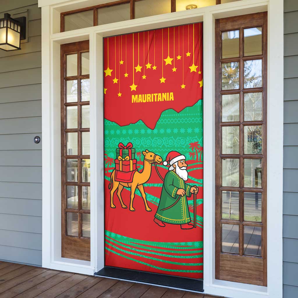 Mauritania Christmas Door Cover with Santa Claus Camel Gift Boxes Starry Sky and Desert Pattern Design - Wonder Print Shop