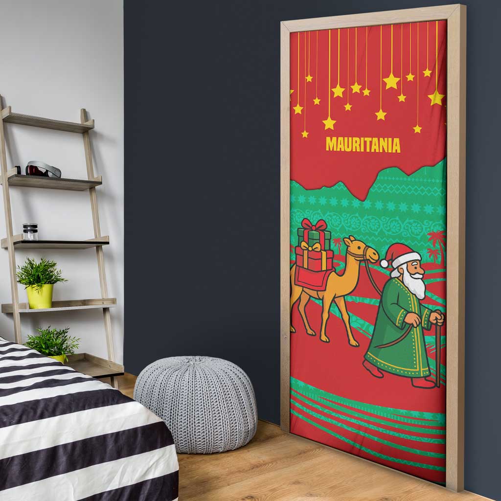 Mauritania Christmas Door Cover with Santa Claus Camel Gift Boxes Starry Sky and Desert Pattern Design - Wonder Print Shop