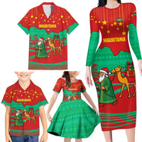 Mauritania Christmas Family Matching Long Sleeve Bodycon Dress and Hawaiian Shirt with Santa Claus Camel Gift Boxes Starry Sky and Desert Pattern Design - Wonder Print Shop