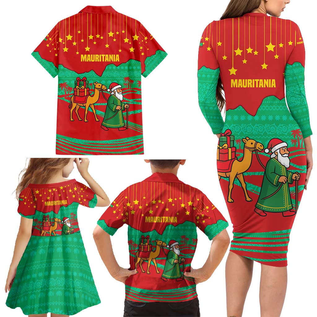 Mauritania Christmas Family Matching Long Sleeve Bodycon Dress and Hawaiian Shirt with Santa Claus Camel Gift Boxes Starry Sky and Desert Pattern Design - Wonder Print Shop