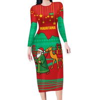 Mauritania Christmas Family Matching Long Sleeve Bodycon Dress and Hawaiian Shirt with Santa Claus Camel Gift Boxes Starry Sky and Desert Pattern Design - Wonder Print Shop