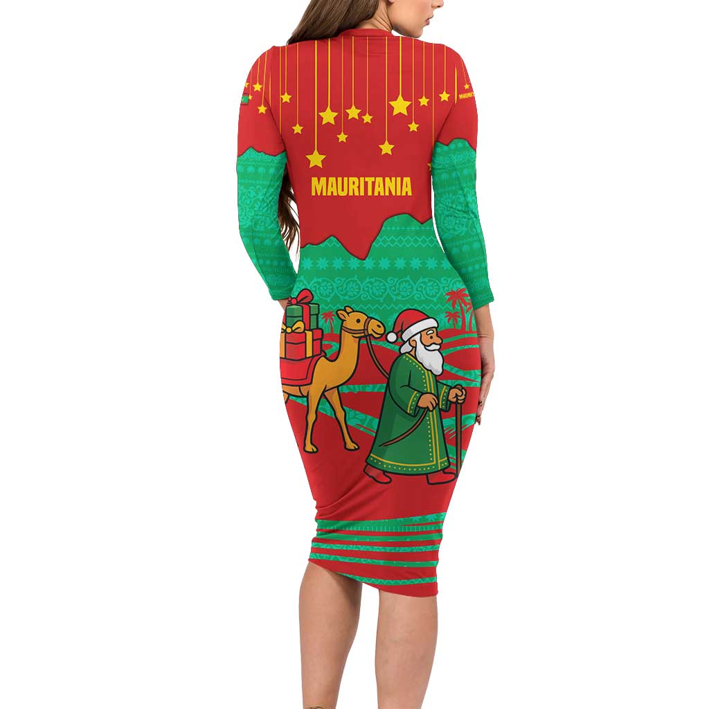 Mauritania Christmas Family Matching Long Sleeve Bodycon Dress and Hawaiian Shirt with Santa Claus Camel Gift Boxes Starry Sky and Desert Pattern Design - Wonder Print Shop
