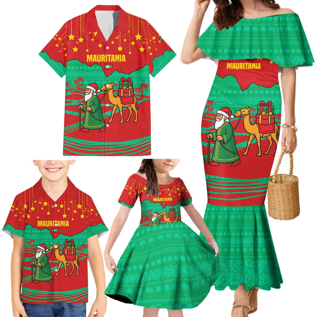 Mauritania Christmas Family Matching Mermaid Dress and Hawaiian Shirt with Santa Claus Camel Gift Boxes Starry Sky and Desert Pattern Design - Wonder Print Shop