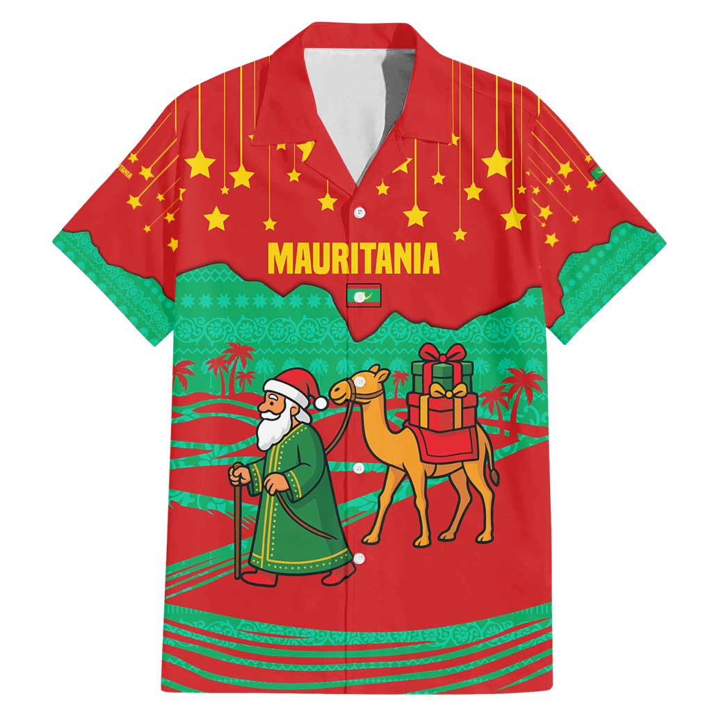 Mauritania Christmas Family Matching Mermaid Dress and Hawaiian Shirt with Santa Claus Camel Gift Boxes Starry Sky and Desert Pattern Design - Wonder Print Shop