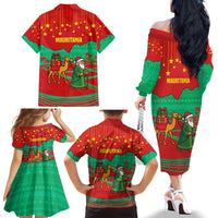 Mauritania Christmas Family Matching Off The Shoulder Long Sleeve Dress and Hawaiian Shirt with Santa Claus Camel Gift Boxes Starry Sky and Desert Pattern Design - Wonder Print Shop