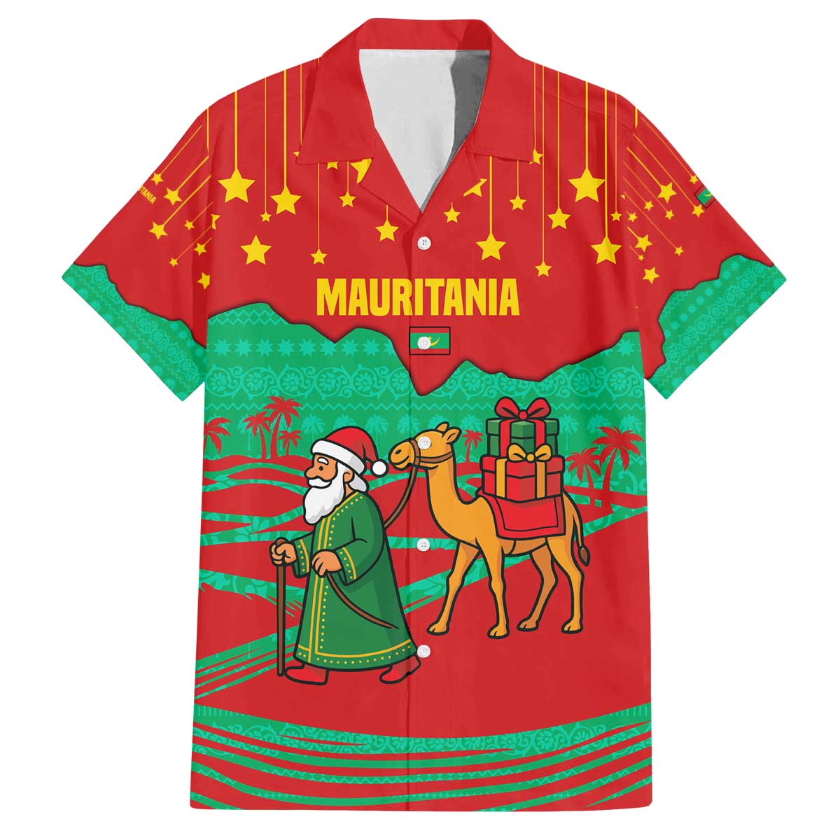 Mauritania Christmas Family Matching Off The Shoulder Long Sleeve Dress and Hawaiian Shirt with Santa Claus Camel Gift Boxes Starry Sky and Desert Pattern Design - Wonder Print Shop