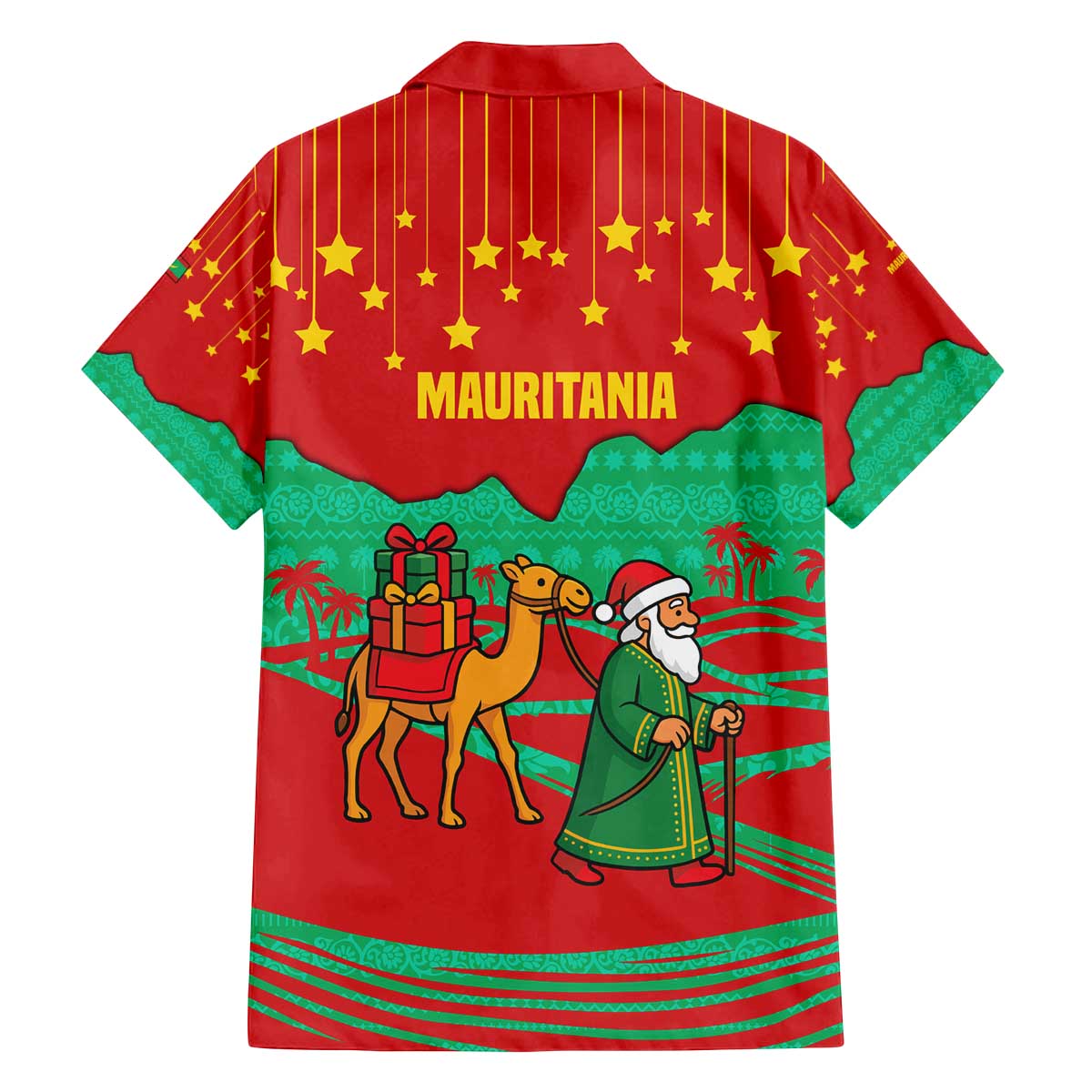 Mauritania Christmas Family Matching Off The Shoulder Long Sleeve Dress and Hawaiian Shirt with Santa Claus Camel Gift Boxes Starry Sky and Desert Pattern Design - Wonder Print Shop