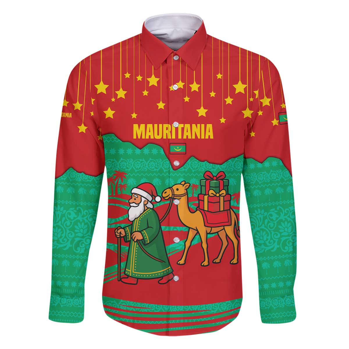 Mauritania Christmas Family Matching Off The Shoulder Long Sleeve Dress and Hawaiian Shirt with Santa Claus Camel Gift Boxes Starry Sky and Desert Pattern Design - Wonder Print Shop