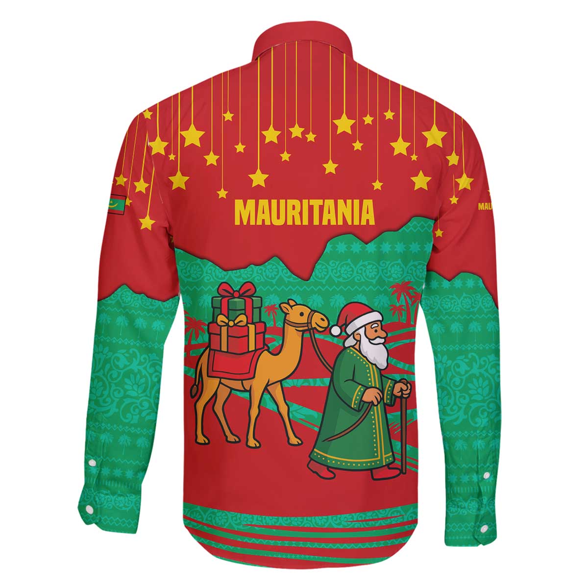 Mauritania Christmas Family Matching Off The Shoulder Long Sleeve Dress and Hawaiian Shirt with Santa Claus Camel Gift Boxes Starry Sky and Desert Pattern Design - Wonder Print Shop