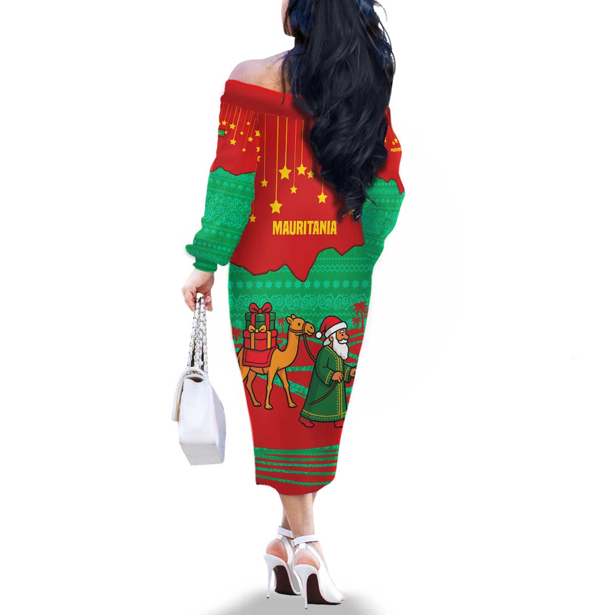 Mauritania Christmas Family Matching Off The Shoulder Long Sleeve Dress and Hawaiian Shirt with Santa Claus Camel Gift Boxes Starry Sky and Desert Pattern Design - Wonder Print Shop