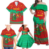 Mauritania Christmas Family Matching Off Shoulder Maxi Dress and Hawaiian Shirt with Santa Claus Camel Gift Boxes Starry Sky and Desert Pattern Design - Wonder Print Shop