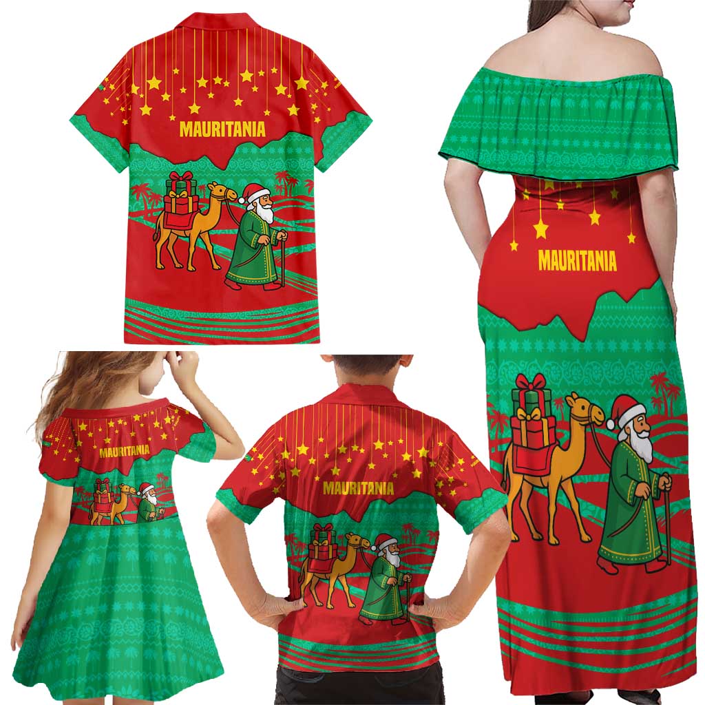 Mauritania Christmas Family Matching Off Shoulder Maxi Dress and Hawaiian Shirt with Santa Claus Camel Gift Boxes Starry Sky and Desert Pattern Design - Wonder Print Shop