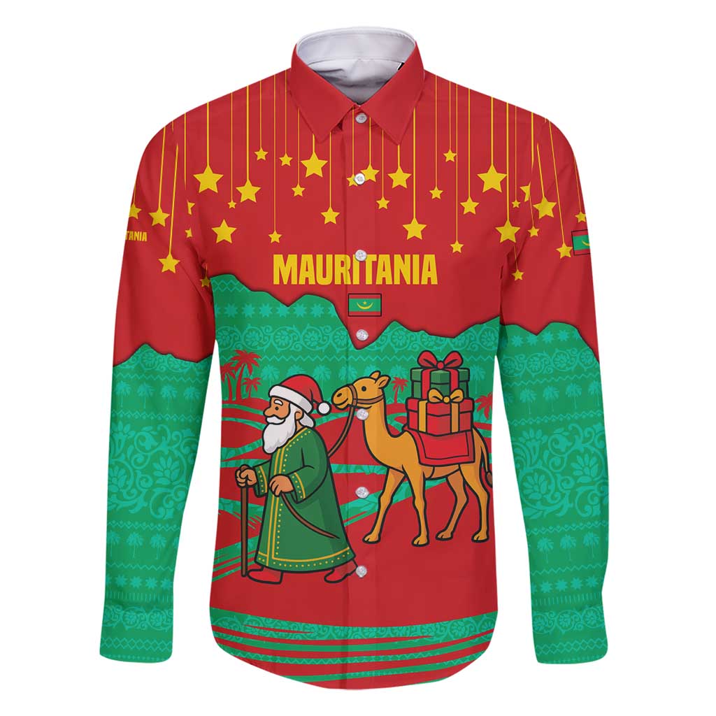 Mauritania Christmas Family Matching Off Shoulder Maxi Dress and Hawaiian Shirt with Santa Claus Camel Gift Boxes Starry Sky and Desert Pattern Design - Wonder Print Shop