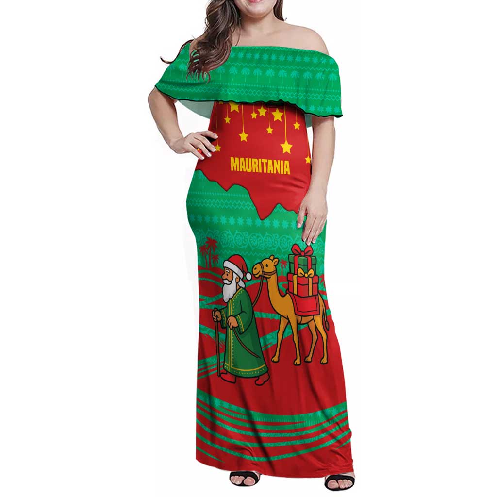Mauritania Christmas Family Matching Off Shoulder Maxi Dress and Hawaiian Shirt with Santa Claus Camel Gift Boxes Starry Sky and Desert Pattern Design - Wonder Print Shop