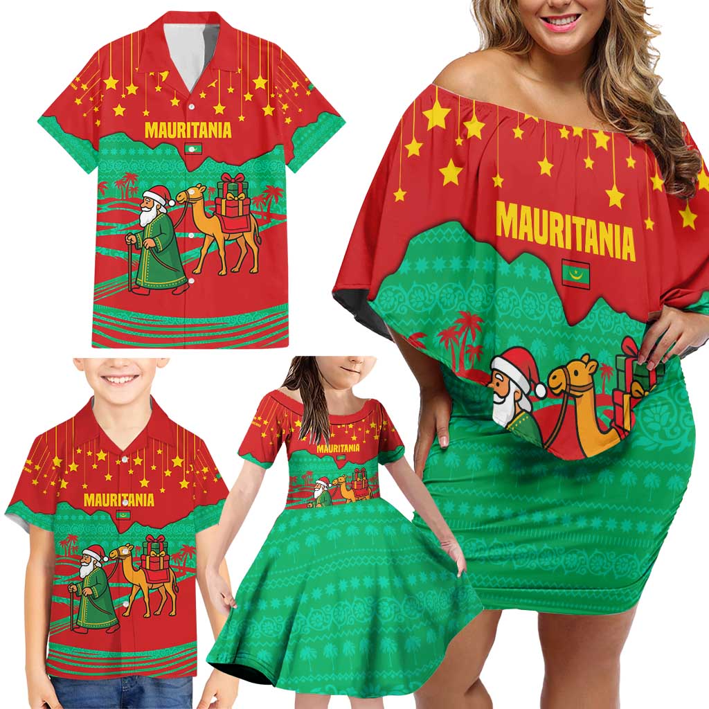 Mauritania Christmas Family Matching Off Shoulder Short Dress and Hawaiian Shirt with Santa Claus Camel Gift Boxes Starry Sky and Desert Pattern Design - Wonder Print Shop