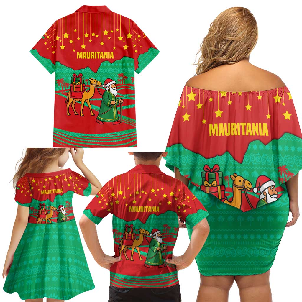 Mauritania Christmas Family Matching Off Shoulder Short Dress and Hawaiian Shirt with Santa Claus Camel Gift Boxes Starry Sky and Desert Pattern Design - Wonder Print Shop