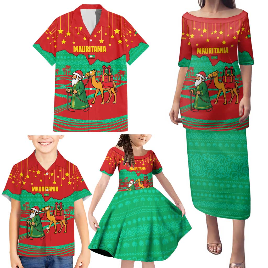 Mauritania Christmas Family Matching Puletasi and Hawaiian Shirt with Santa Claus Camel Gift Boxes Starry Sky and Desert Pattern Design - Wonder Print Shop