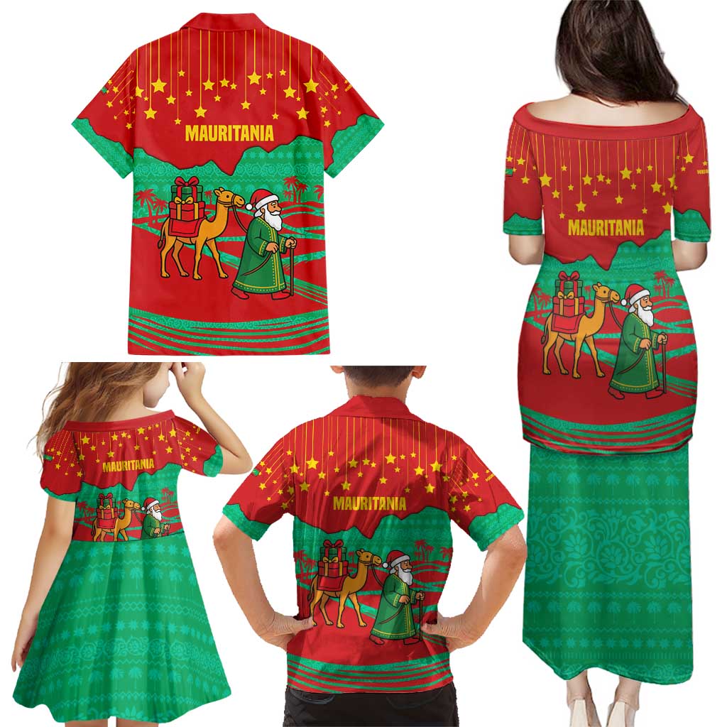 Mauritania Christmas Family Matching Puletasi and Hawaiian Shirt with Santa Claus Camel Gift Boxes Starry Sky and Desert Pattern Design - Wonder Print Shop
