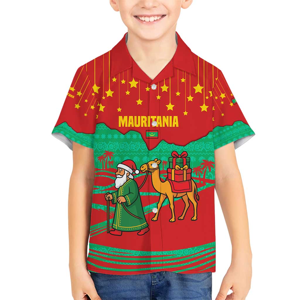 Mauritania Christmas Family Matching Puletasi and Hawaiian Shirt with Santa Claus Camel Gift Boxes Starry Sky and Desert Pattern Design - Wonder Print Shop