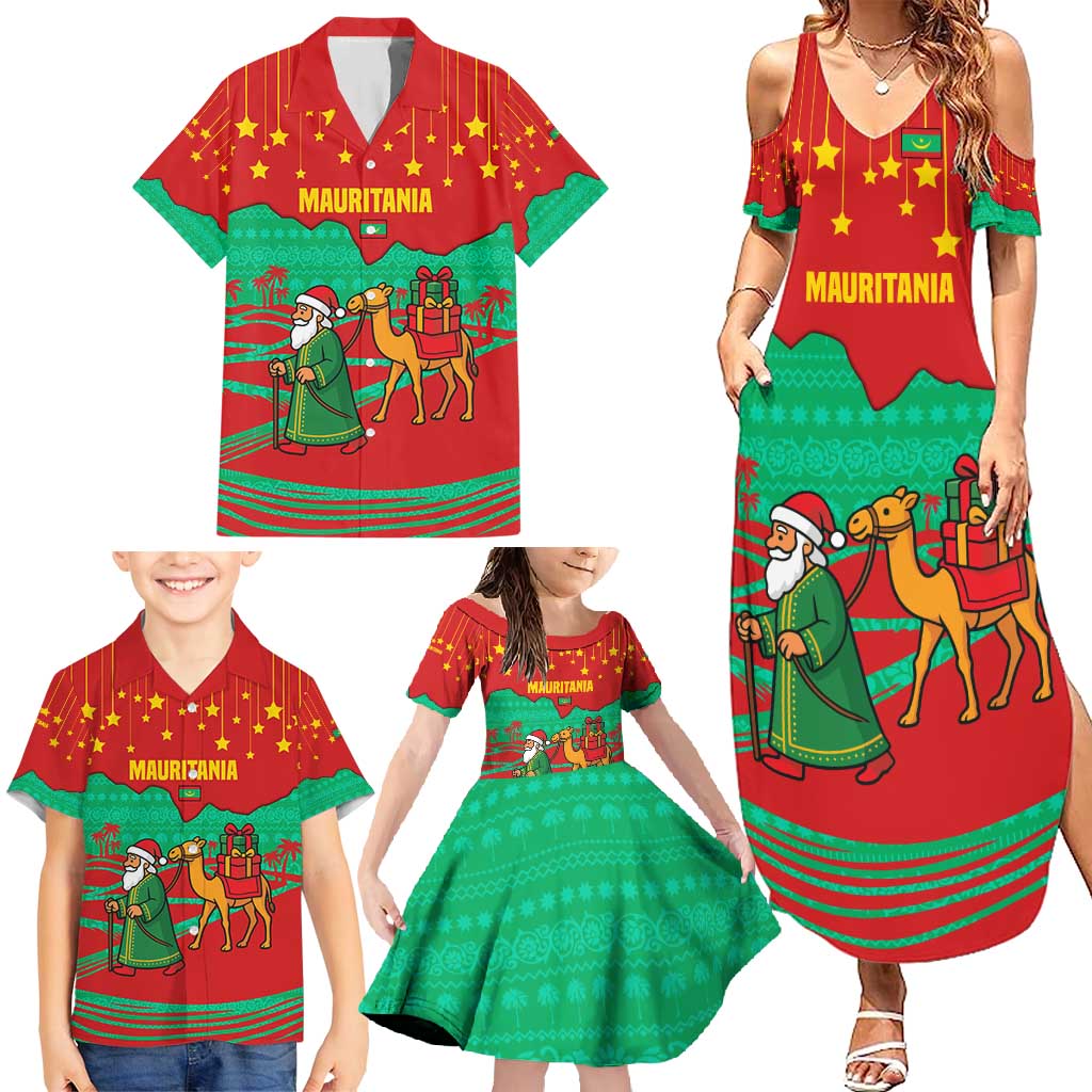 Mauritania Christmas Family Matching Summer Maxi Dress and Hawaiian Shirt with Santa Claus Camel Gift Boxes Starry Sky and Desert Pattern Design - Wonder Print Shop