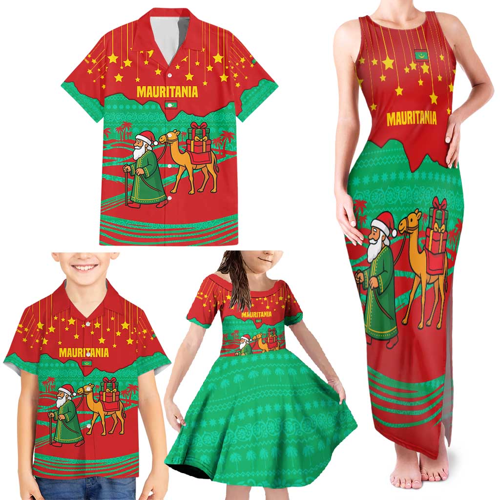 Mauritania Christmas Family Matching Tank Maxi Dress and Hawaiian Shirt with Santa Claus Camel Gift Boxes Starry Sky and Desert Pattern Design - Wonder Print Shop