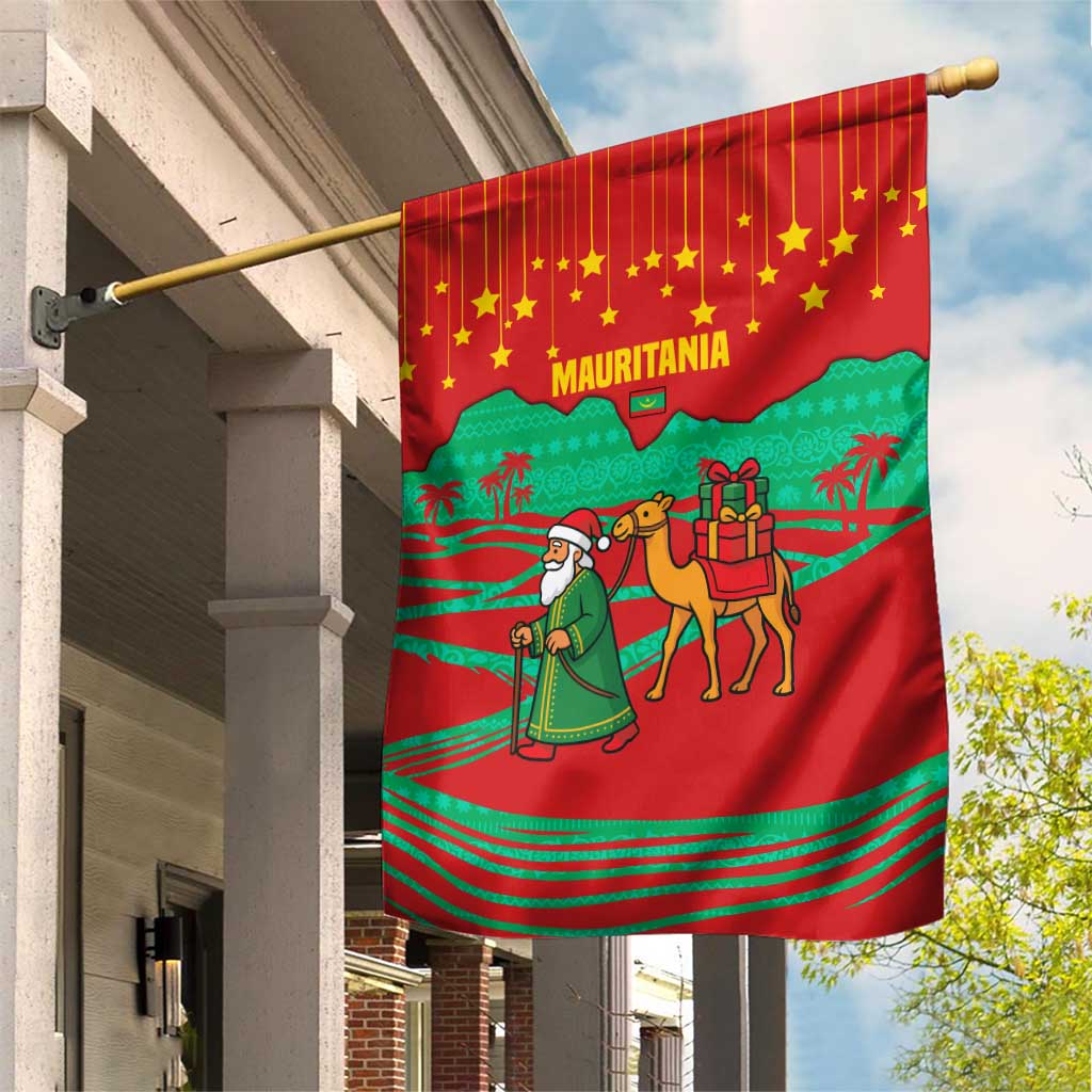 Mauritania Christmas Garden Flag with Santa Claus Camel Gift Boxes Starry Sky and Desert Pattern Design - Wonder Print Shop