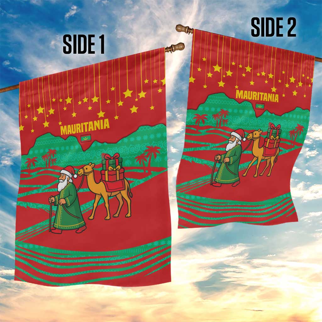 Mauritania Christmas Garden Flag with Santa Claus Camel Gift Boxes Starry Sky and Desert Pattern Design - Wonder Print Shop