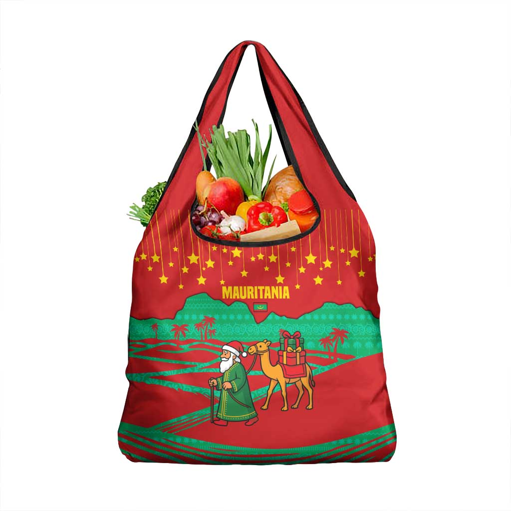 Mauritania Christmas Grocery Bag with Santa Claus Camel Gift Boxes Starry Sky and Desert Pattern Design - Wonder Print Shop