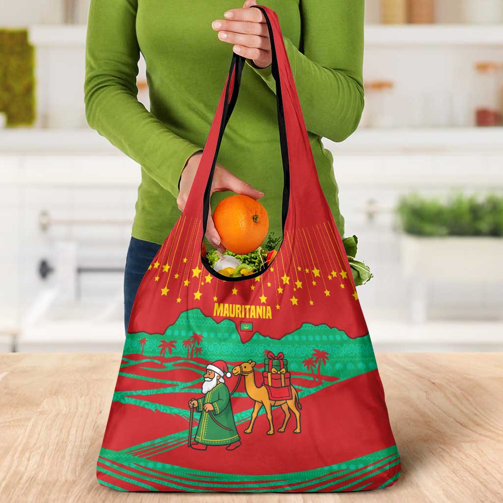 Mauritania Christmas Grocery Bag with Santa Claus Camel Gift Boxes Starry Sky and Desert Pattern Design - Wonder Print Shop