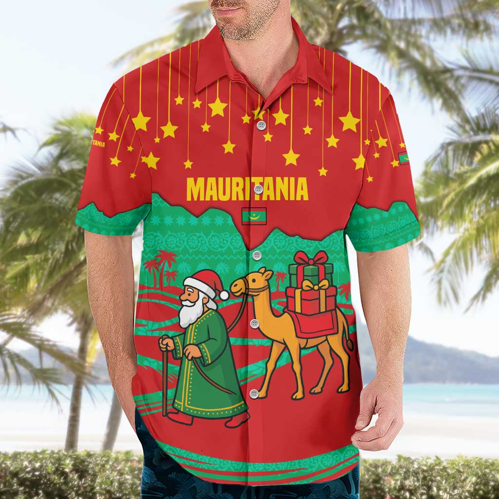 Mauritania Christmas Hawaiian Shirt with Santa Claus Camel Gift Boxes Starry Sky and Desert Pattern Design - Wonder Print Shop
