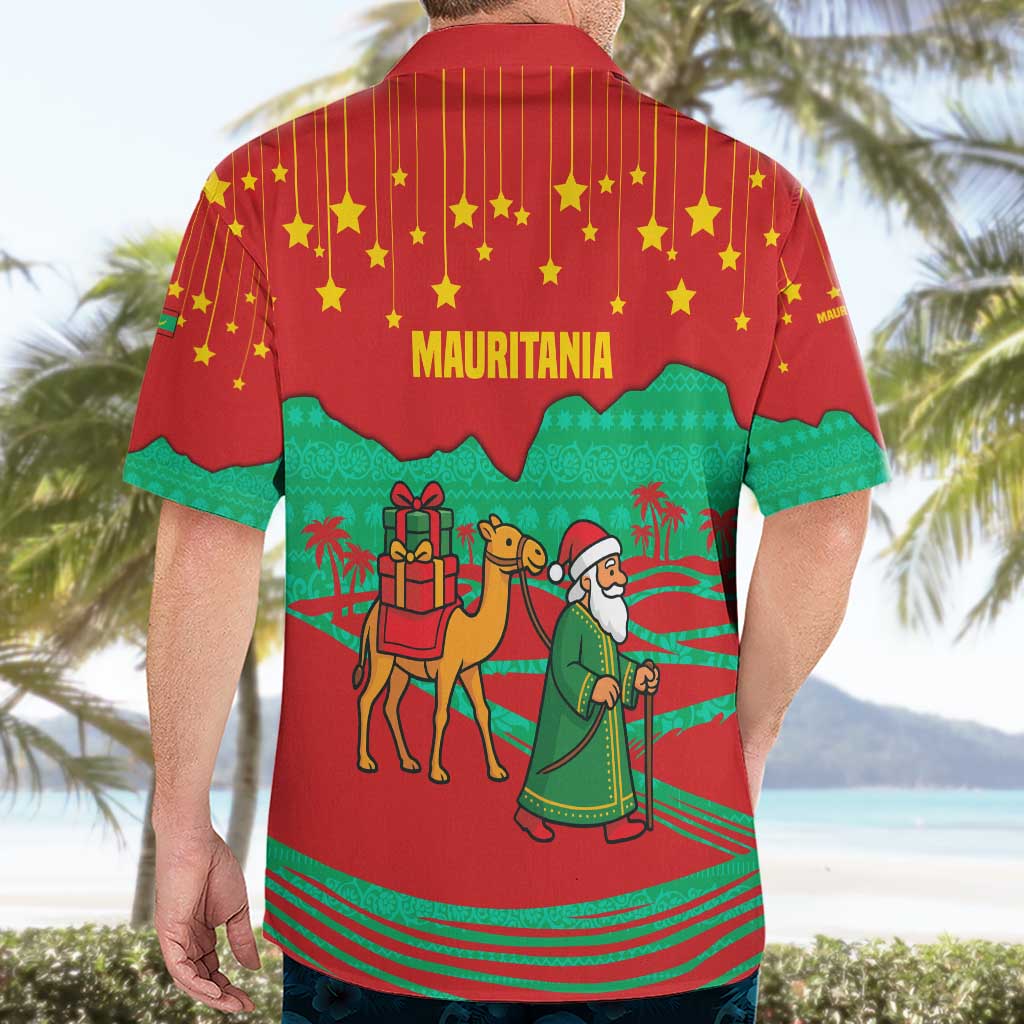 Mauritania Christmas Hawaiian Shirt with Santa Claus Camel Gift Boxes Starry Sky and Desert Pattern Design - Wonder Print Shop