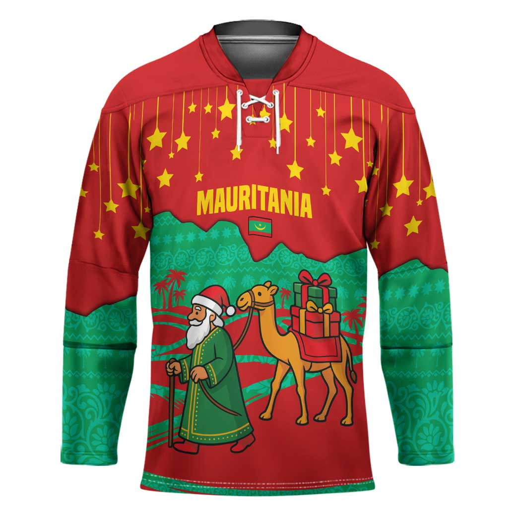 Mauritania Christmas Hockey Jersey with Santa Claus Camel Gift Boxes Starry Sky and Desert Pattern Design - Wonder Print Shop