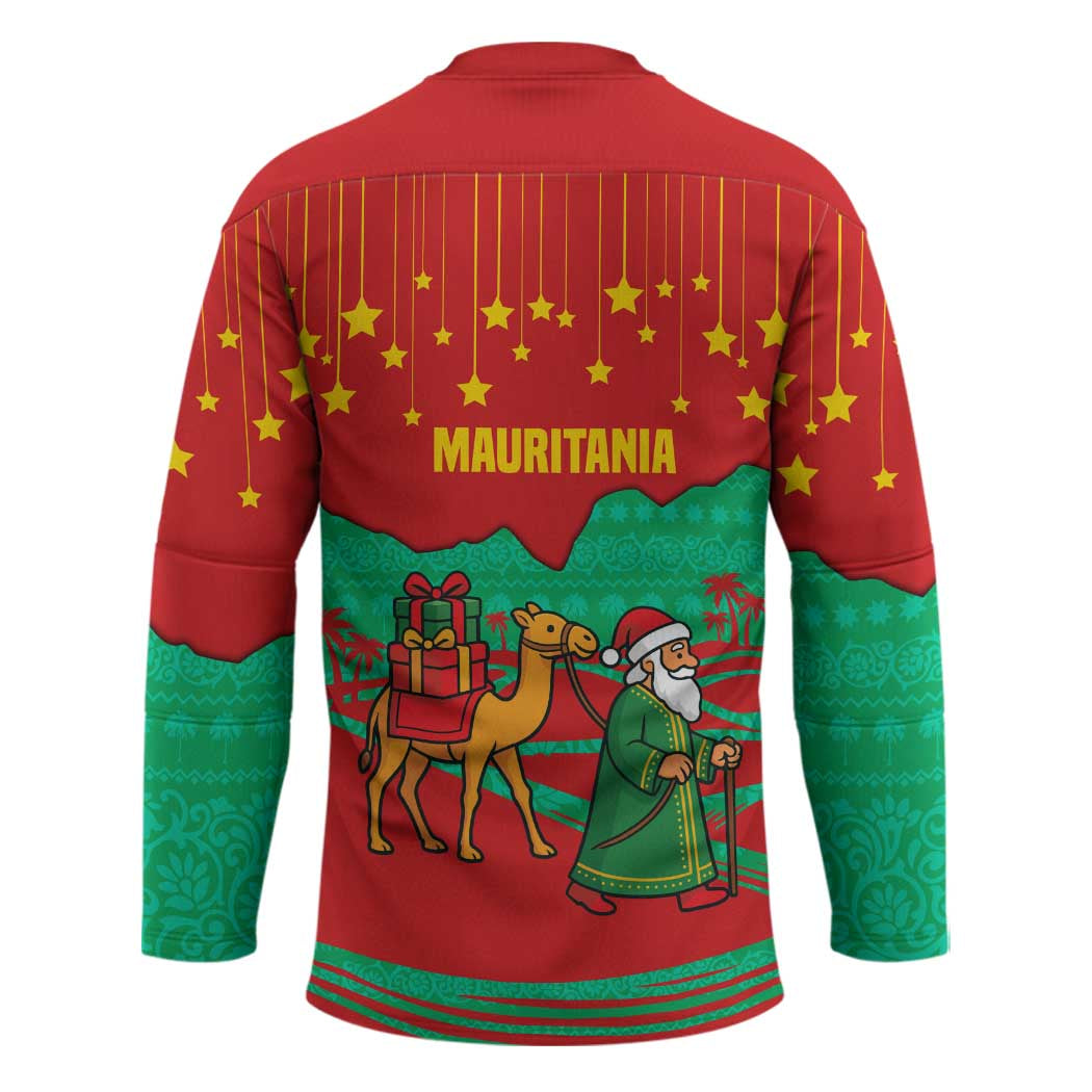 Mauritania Christmas Hockey Jersey with Santa Claus Camel Gift Boxes Starry Sky and Desert Pattern Design - Wonder Print Shop