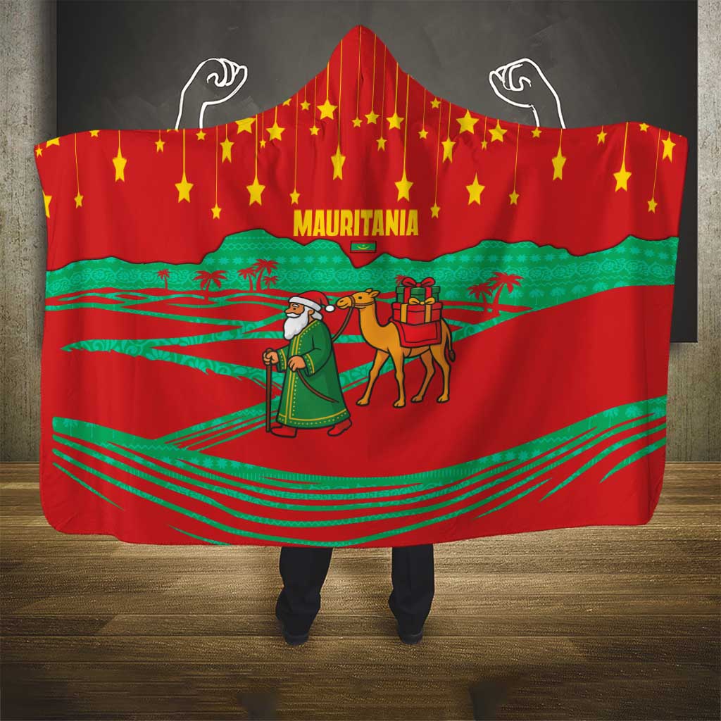 Mauritania Christmas Hooded Blanket with Santa Claus Camel Gift Boxes Starry Sky and Desert Pattern Design - Wonder Print Shop