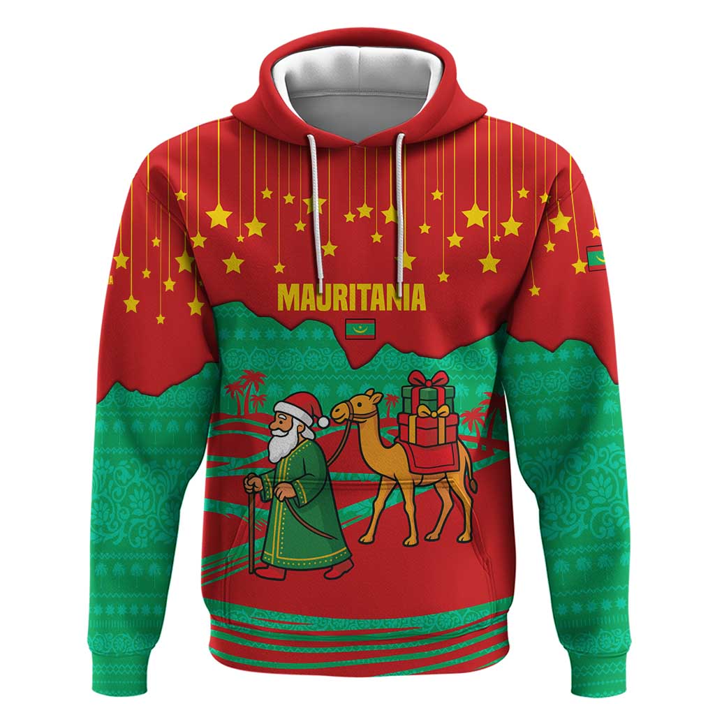 Mauritania Christmas Hoodie with Santa Claus Camel Gift Boxes Starry Sky and Desert Pattern Design - Wonder Print Shop