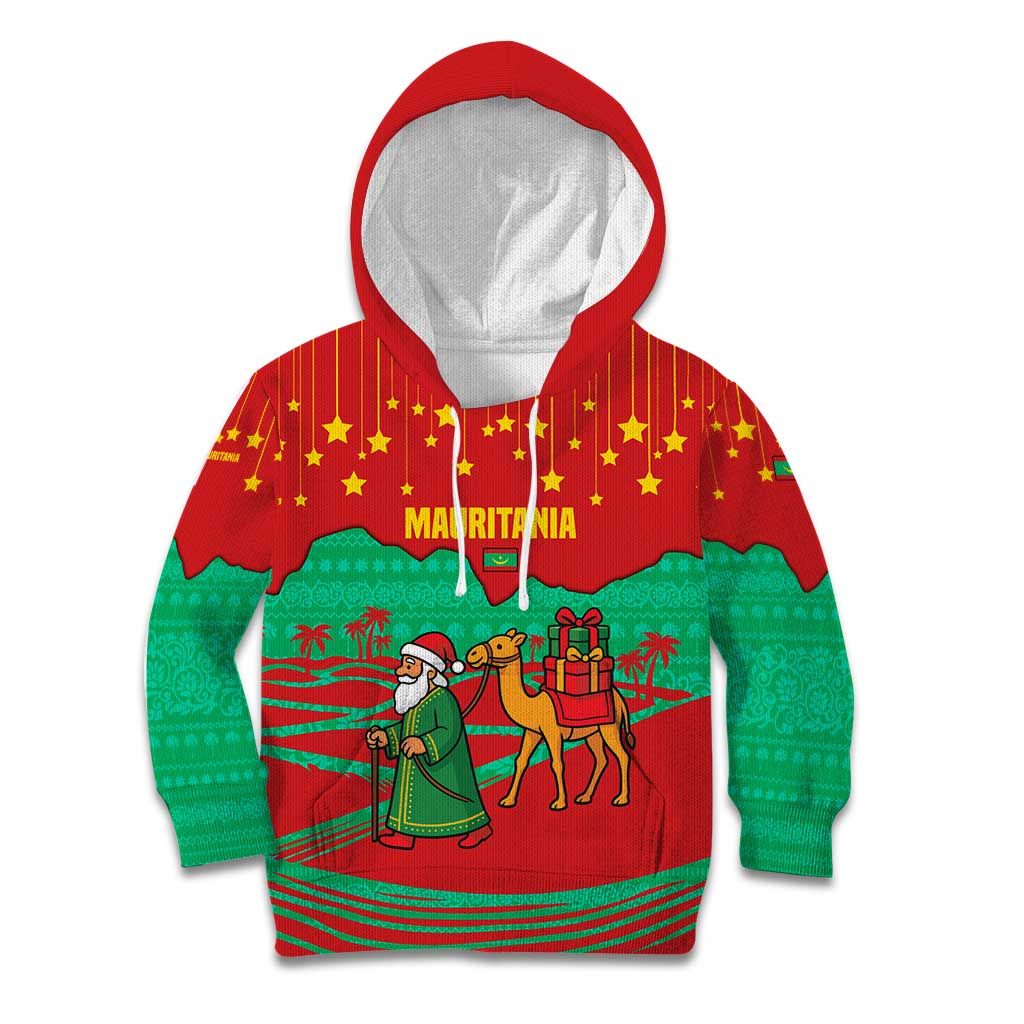 Mauritania Christmas Kid Hoodie with Santa Claus Camel Gift Boxes Starry Sky and Desert Pattern Design - Wonder Print Shop