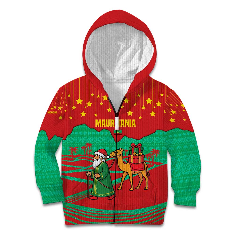 Mauritania Christmas Kid Hoodie with Santa Claus Camel Gift Boxes Starry Sky and Desert Pattern Design - Wonder Print Shop